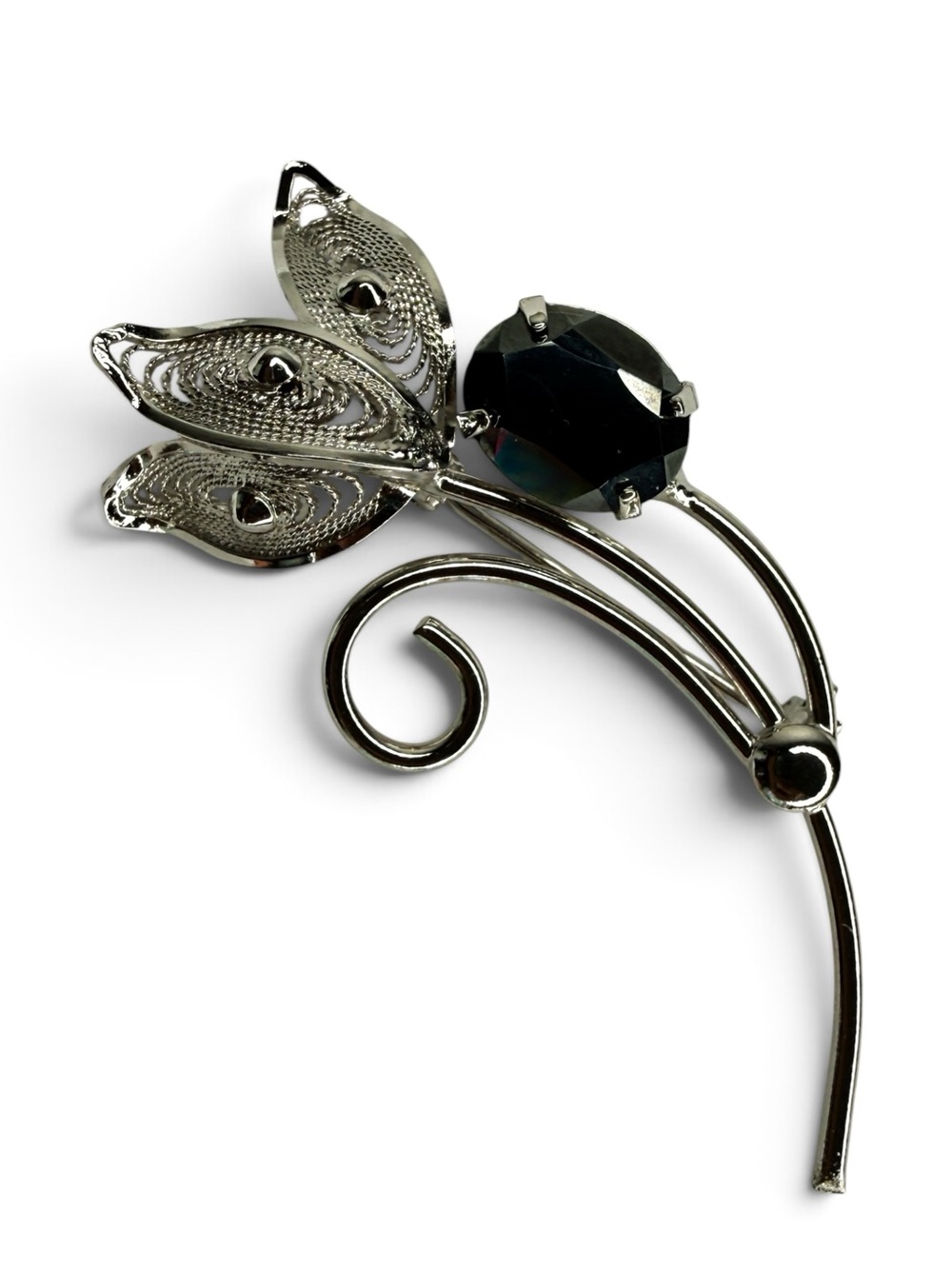 Vintage Sterling Silver Filigree Brooch With Czech Black Glass